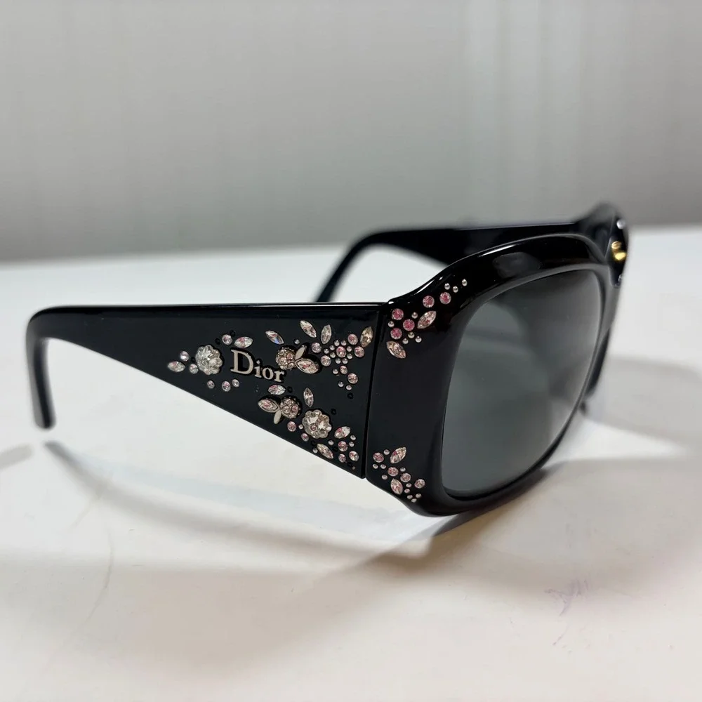 Christian Dior Sunglasses OS Black Crystal Floral Embellished Square Italy V2K